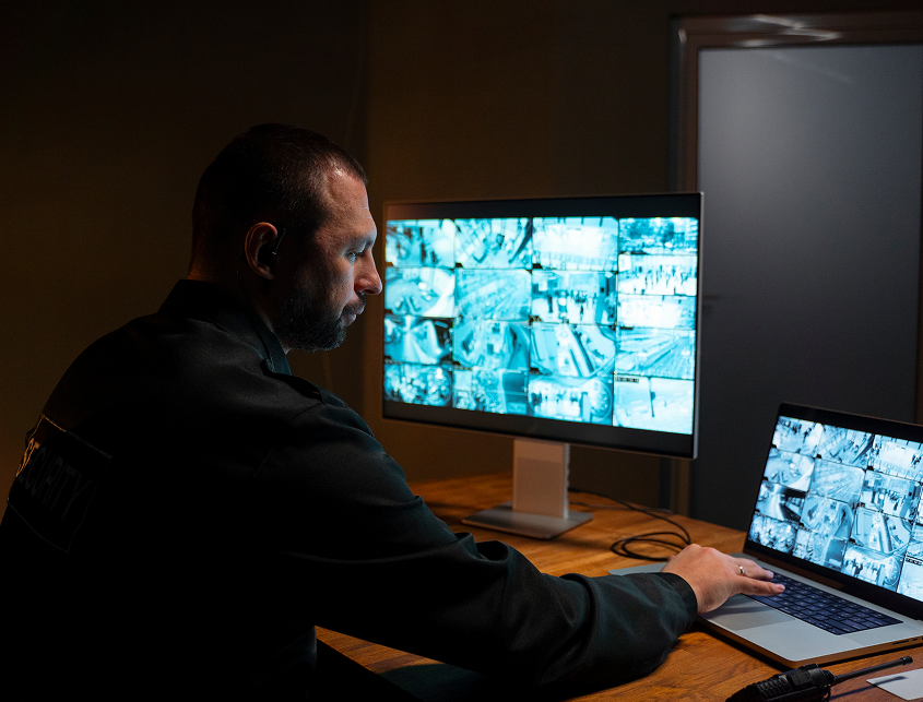 security professional looking at camera screens on a laptop