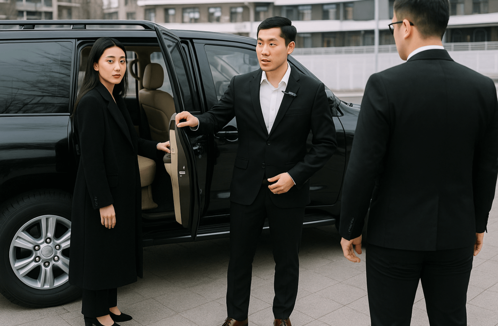 executive protection professionals outside of a limo