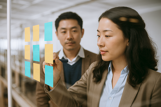 woman and man discussing security matters over sticky notes