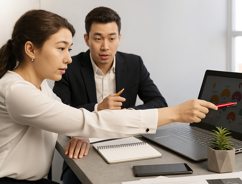 man and woman discussing security matters on a computer